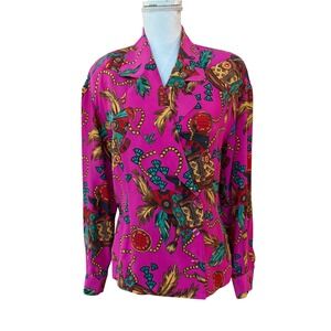 Dana Buchman Silk Abstract Print Button Down Blouse Top Women's Size 4 Fuchsia